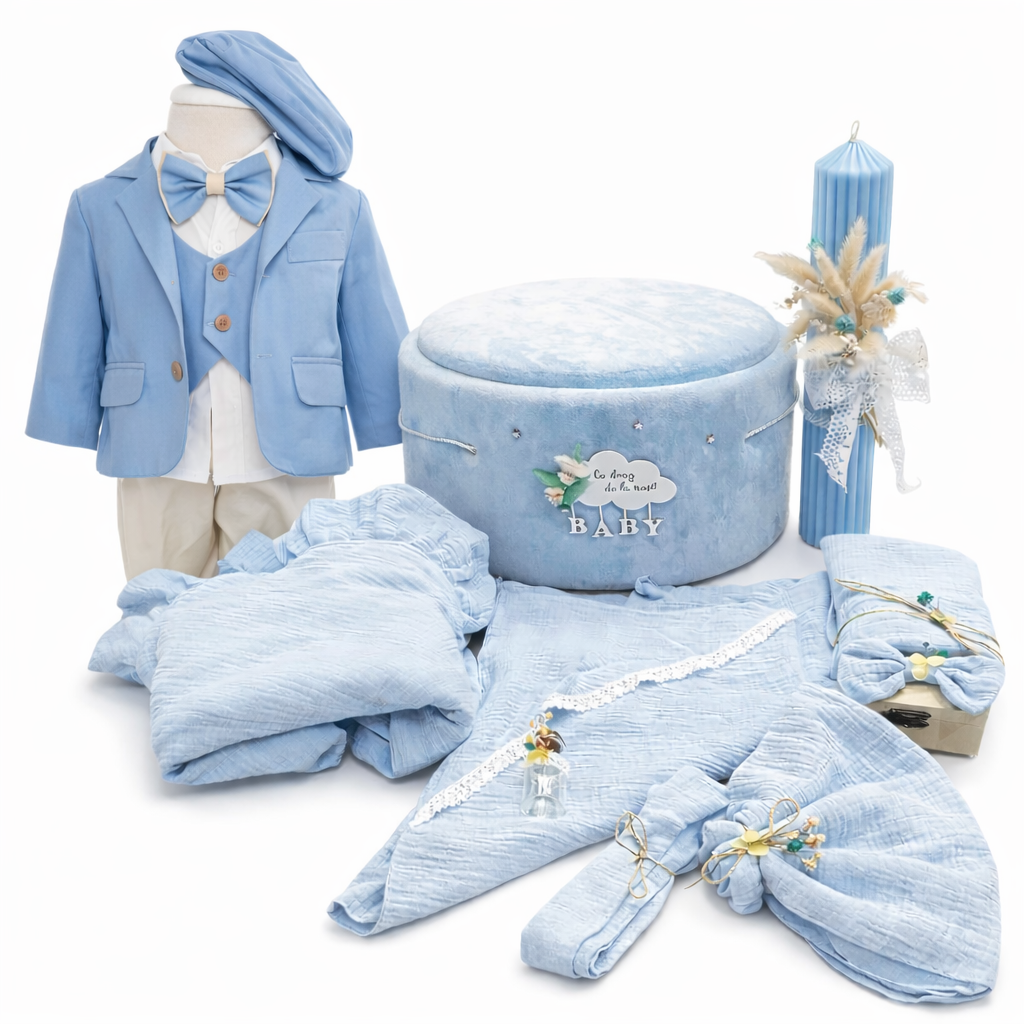 Set botez muselina albastra băiat