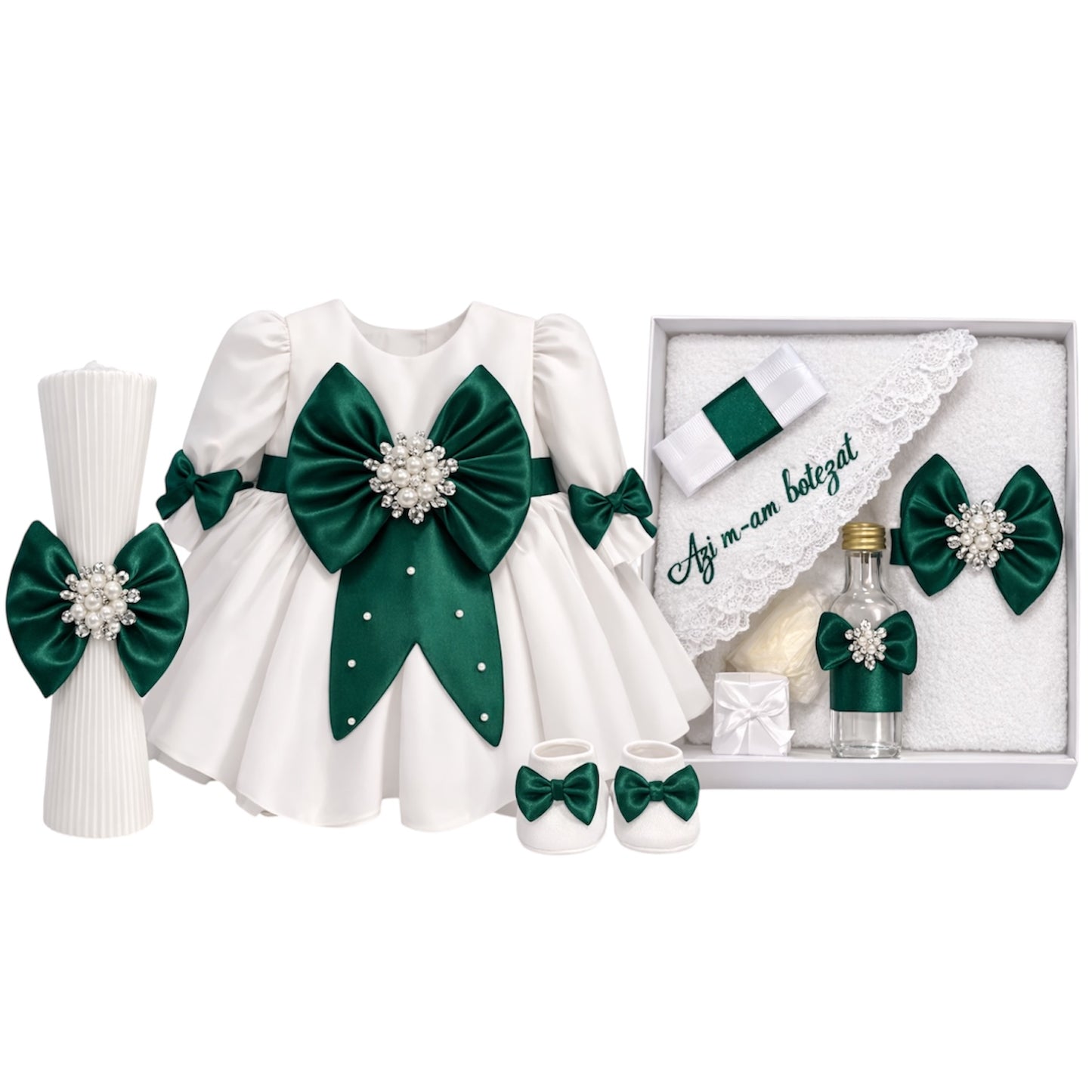 Set botez fetita cu rochie verde