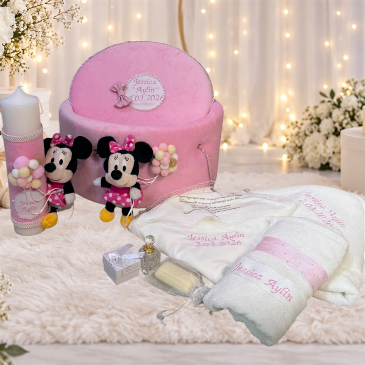 Set botez tematica Mini roz -Trusou catifea + lumânare
