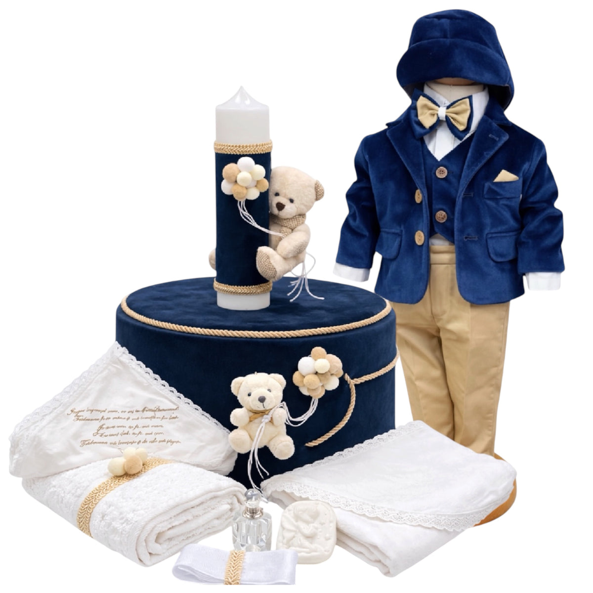 Set botez băiețel bleumarin ursuleț cu baloane( Trusou+ lumânare+ Costum catifea)