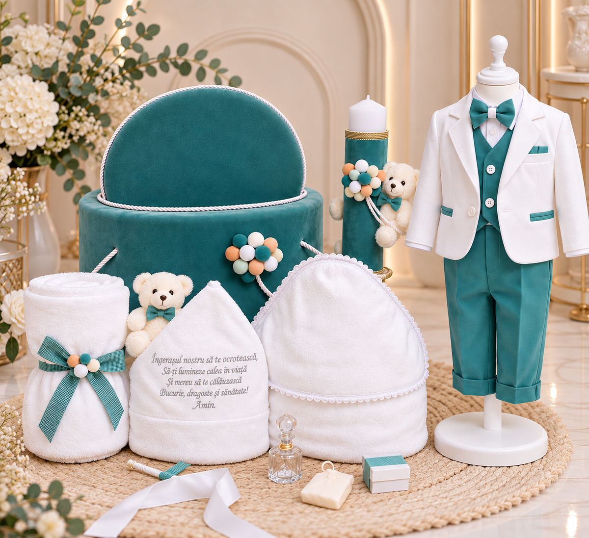 Set botez băiețel fistic cu ursuleț ( Costum, Trusou,Lumânare)
