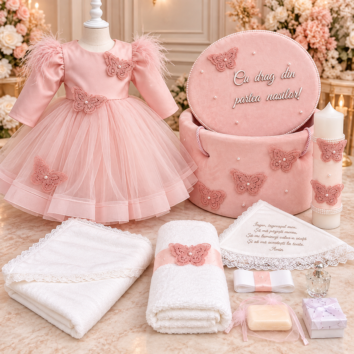 Set botez fetita roz pudra cu fluturasi -Trusou+ Cutie+ lumânare+ rochita