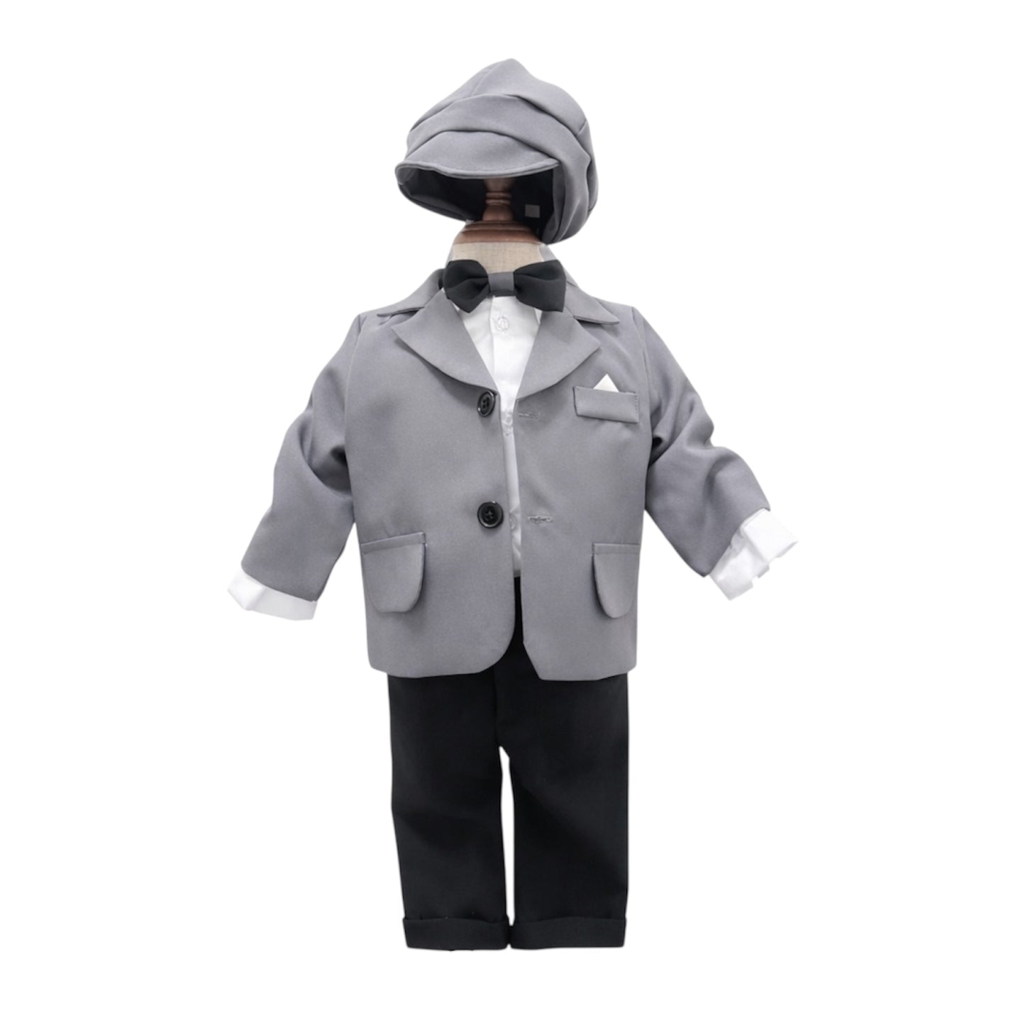 Costum gri pentru Botez, 5 Piese, Sacou, Pantaloni, Camasa, Caciulita, Papion
