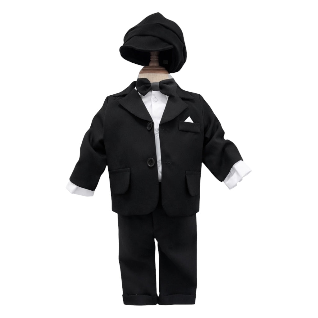 Costum negru pentru Botez, 5 Piese, Sacou, Pantaloni, Camasa, Caciulita, Papion