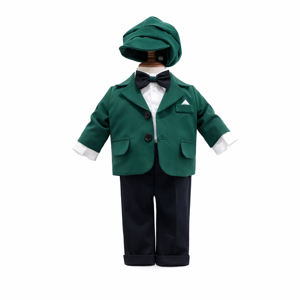 Costum Verde pentru Botez, 5 Piese, Sacou, Pantaloni, Camasa, Caciulita, Papion