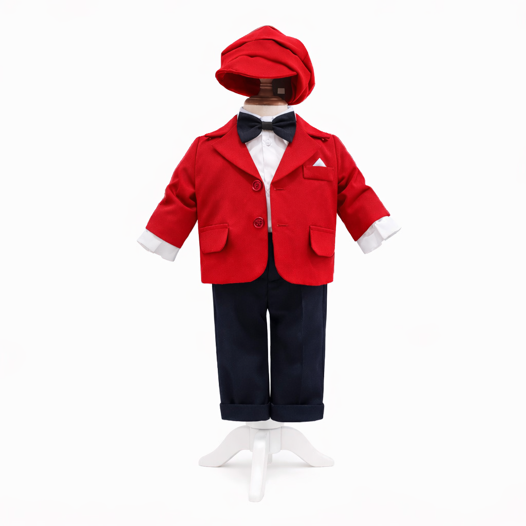 Costum Rosu pentru Botez, 5 Piese, Sacou, Pantaloni, Camasa, Caciulita, Papion