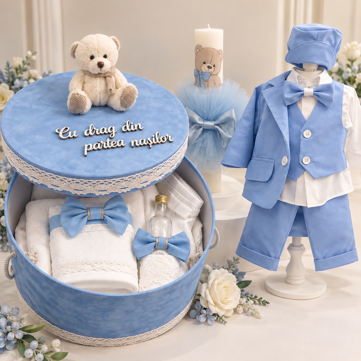 Set botez băiețel baby blue urs( Trusou+ lumânare+ Costum)