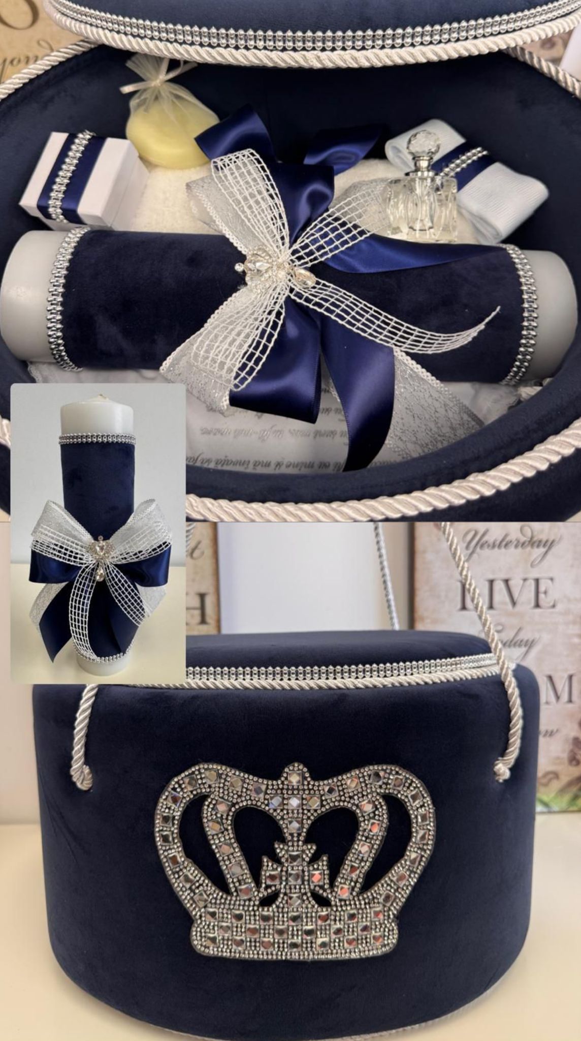 Trusou rotund catifea bleumarin coroana cristal