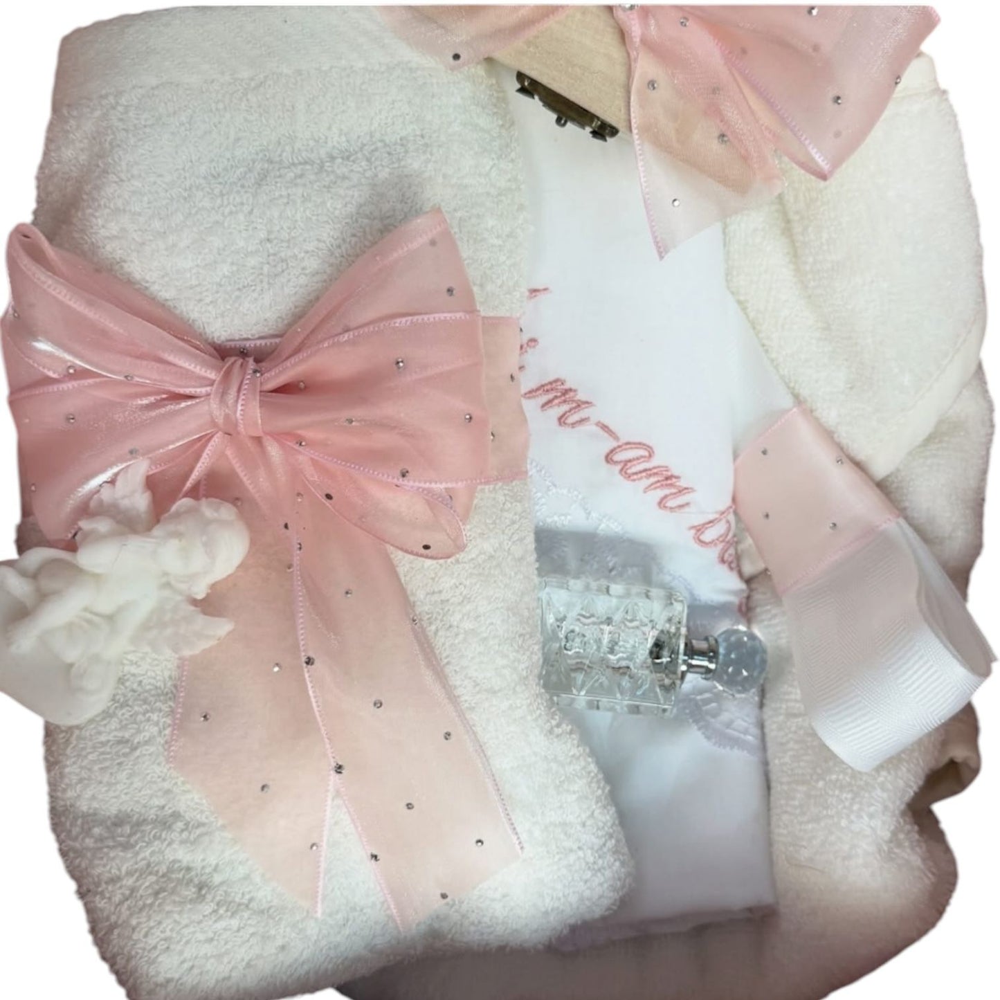 Trusou rotund catifea roz pudra funda si flori