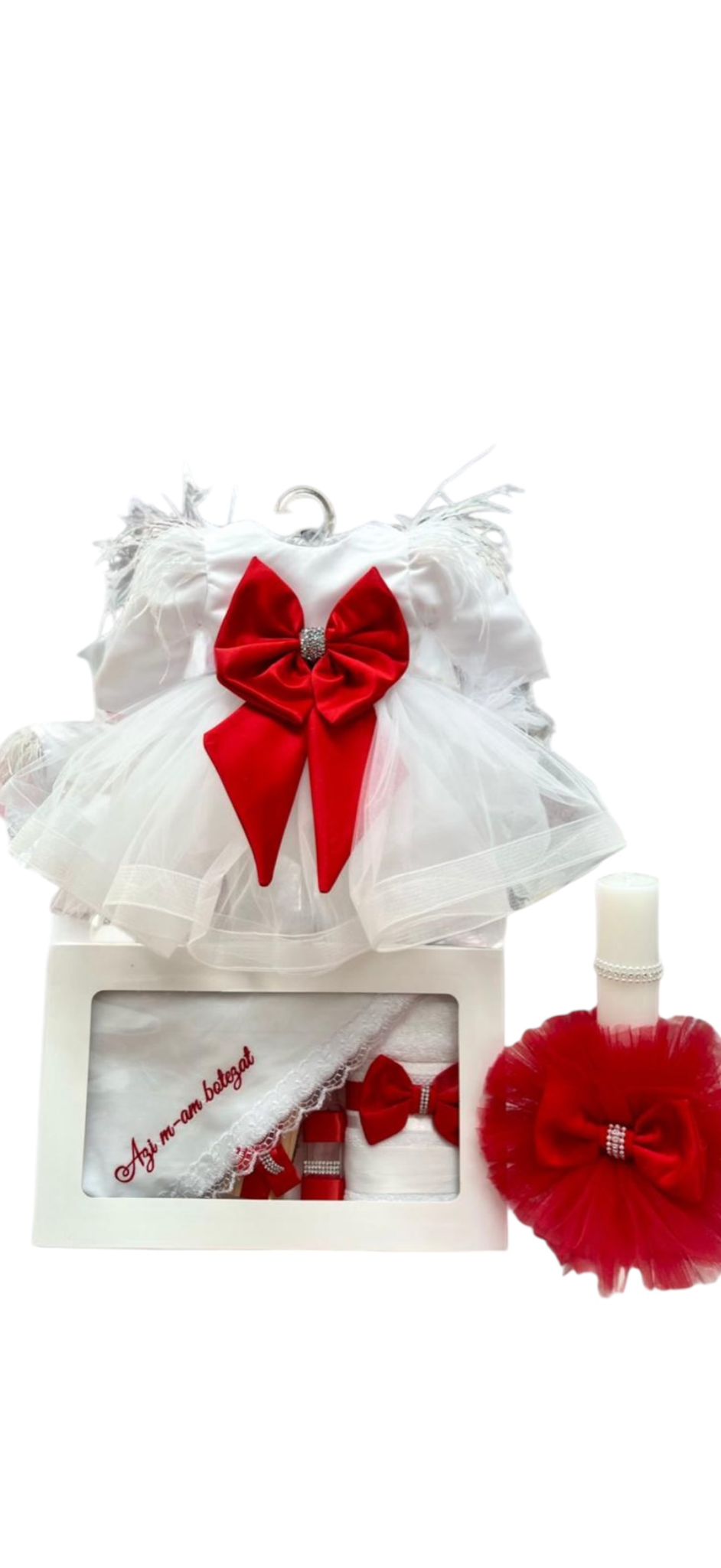 Set botez fetita alb cu rosu