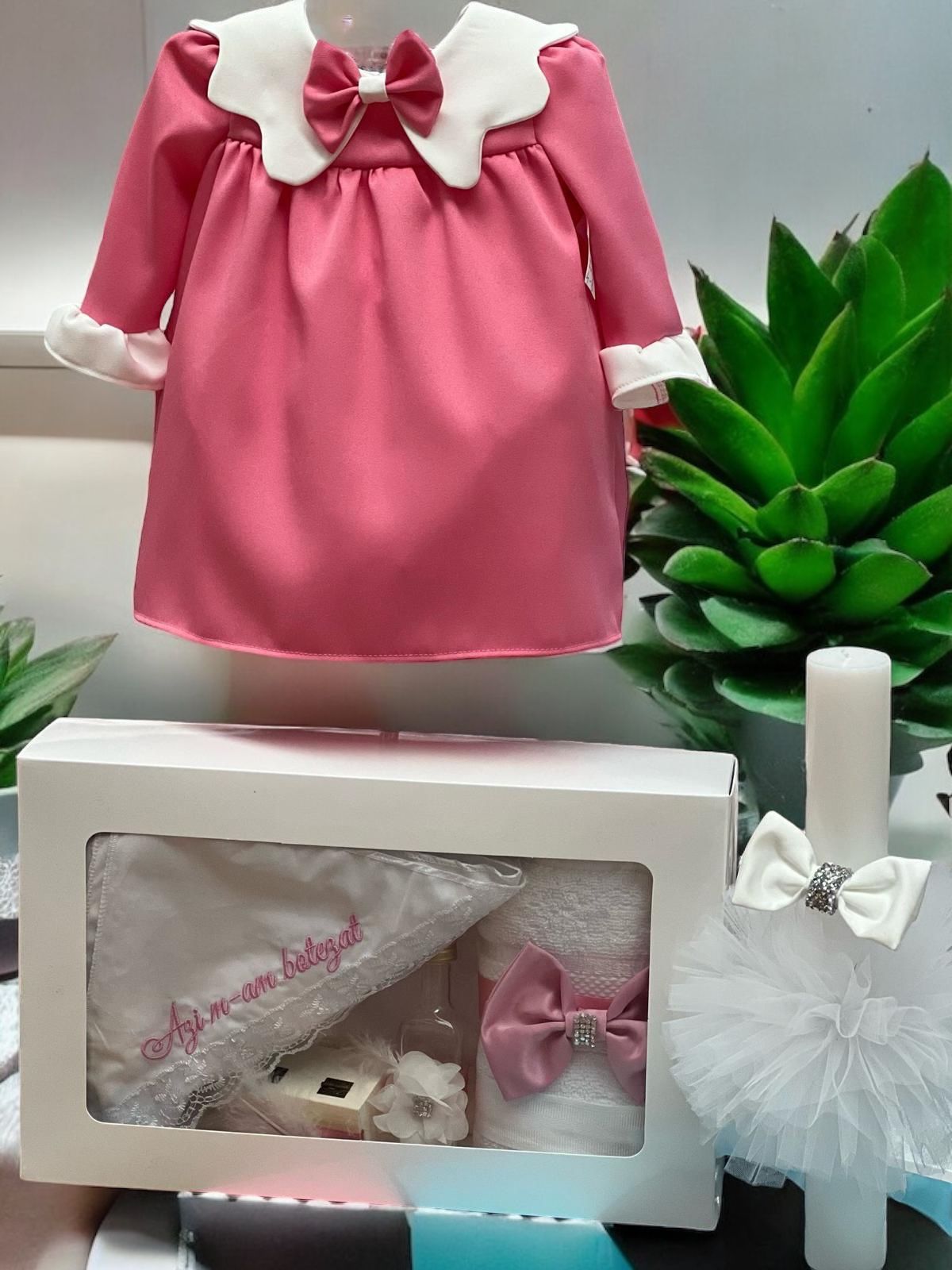 Set botez fetita roz cu funda