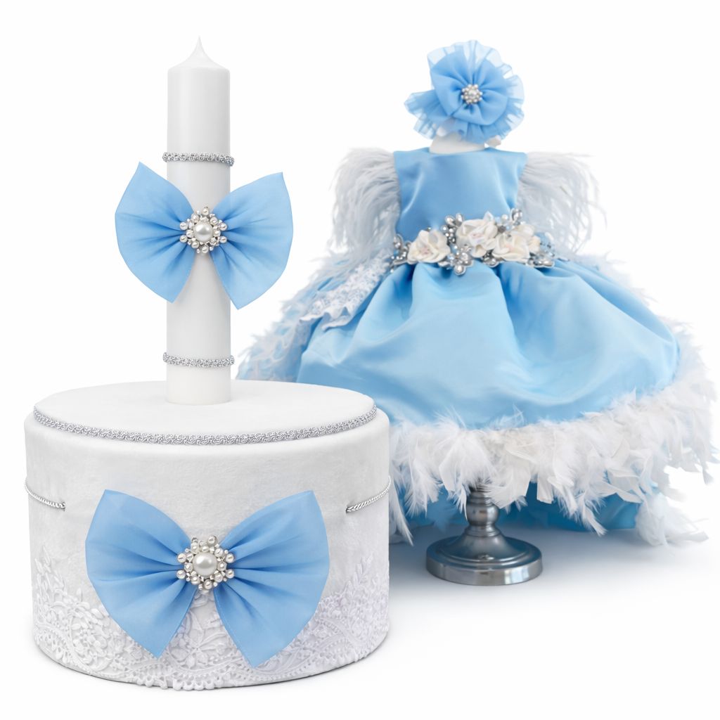 Set botez fetita albastru deschis trena detasabila