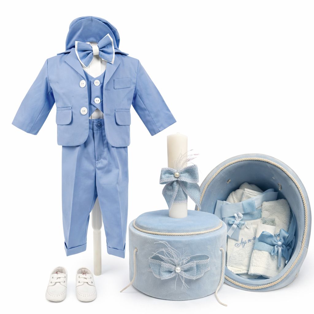 Set botez baietel baby blue trusou catifea cu botosei