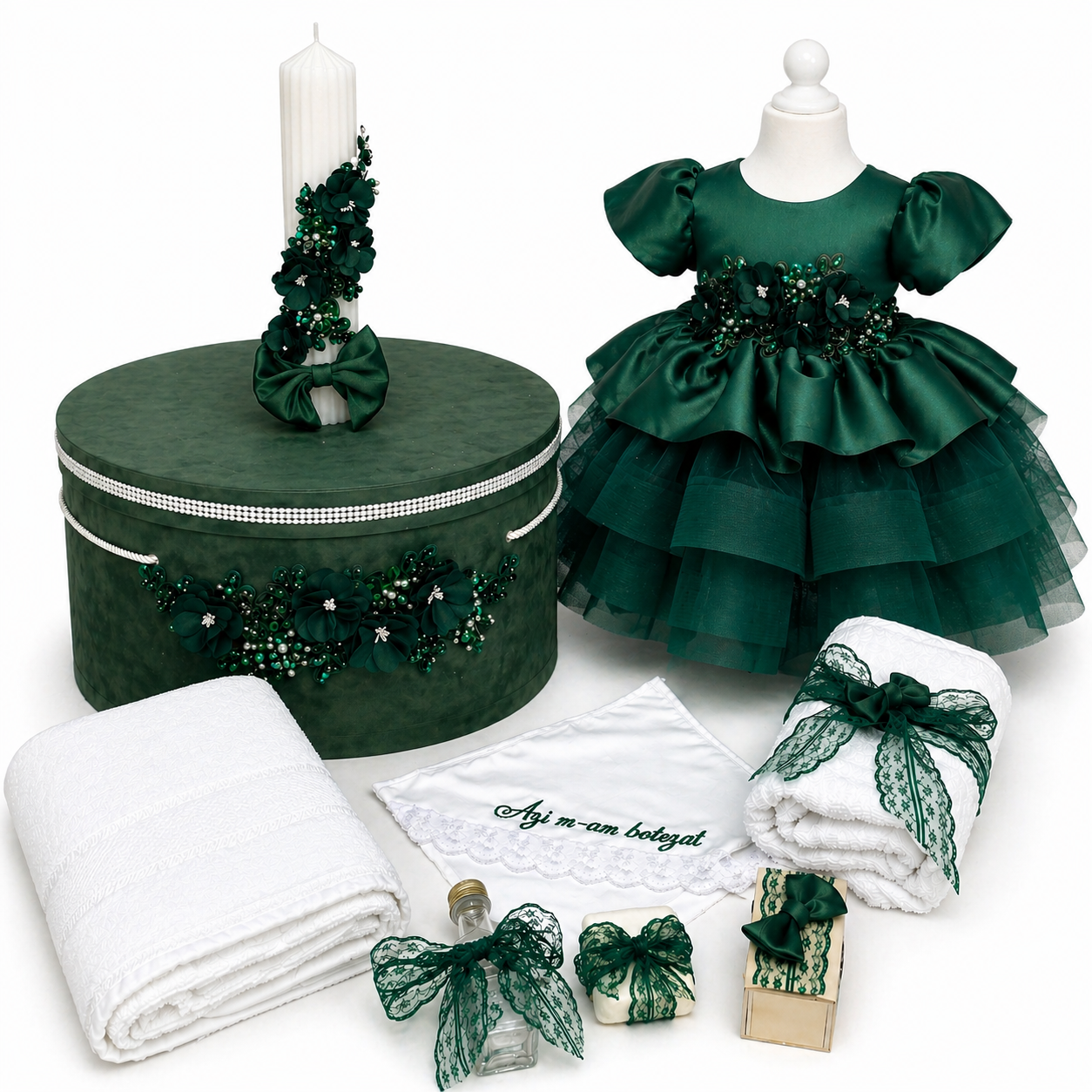 Set botez fetita verde cu flori