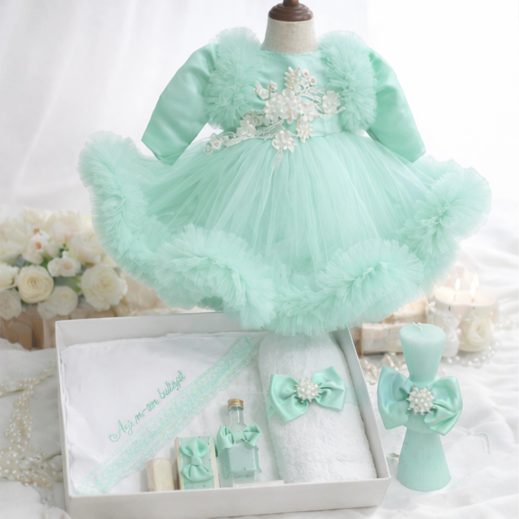 Set botez fetita menta cu flori