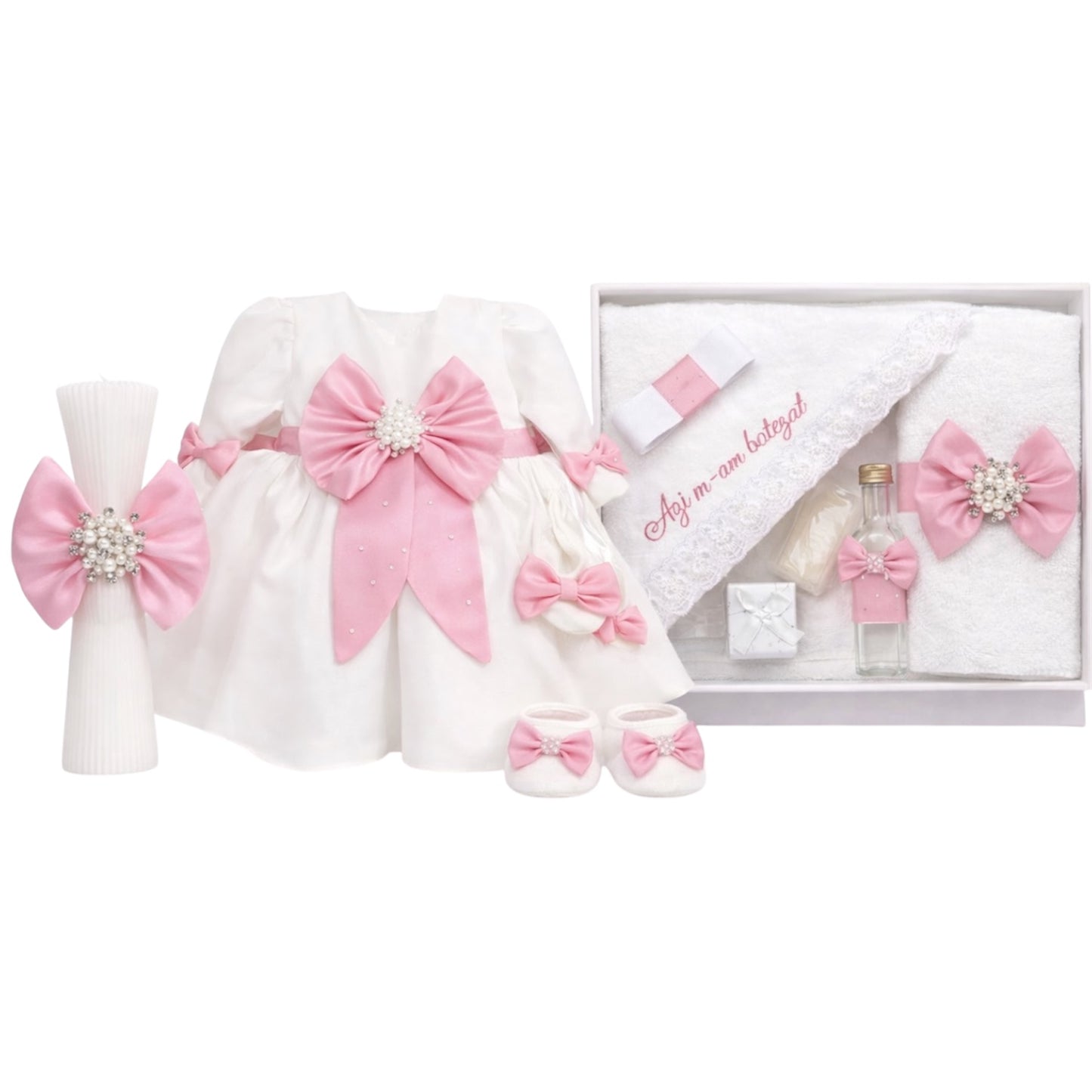 Set botez fetita cu rochie roz