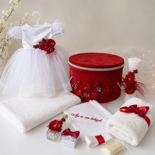 Set botez fetita flori roșii ( Trusou+ Cufăr+ Lumânare+ Rochița)
