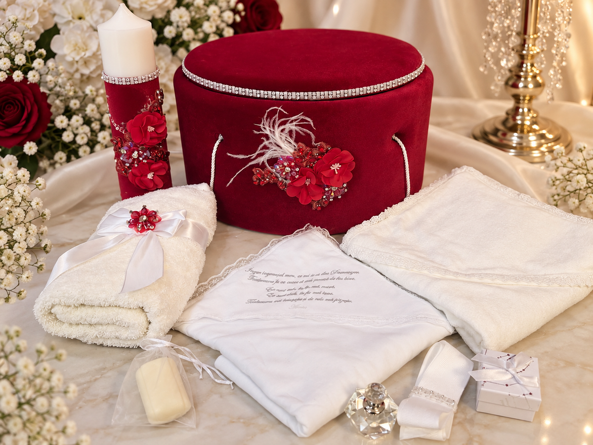 Set botez fetita roșu cu floricele din cristal( Trusou + Cutie+Lumânare)