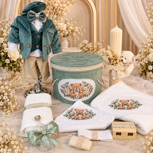 Set botez băiețel urs( Trusou+ lumânare+ Costum)