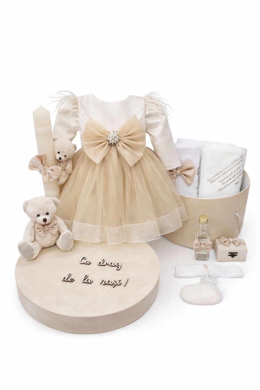 Set botez crem tull cu urs