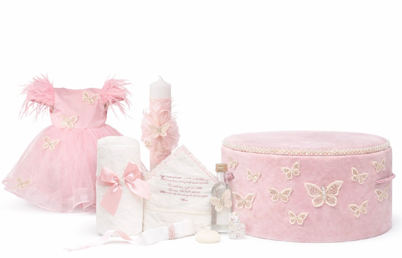 Set botez fetita roz cu fluturi