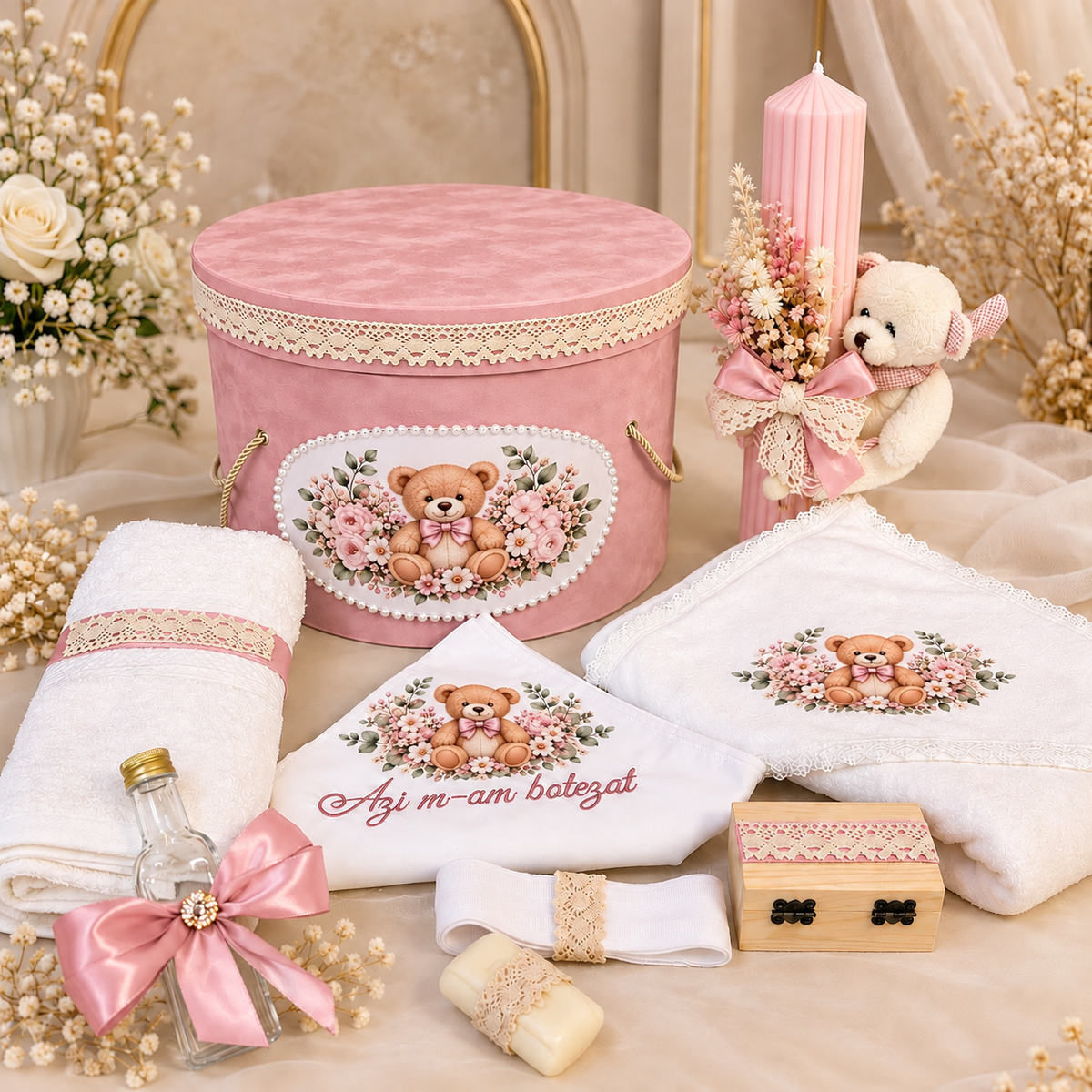 Set botez roz  ursuleț ( trusou + lumânare+ cutie catifea )