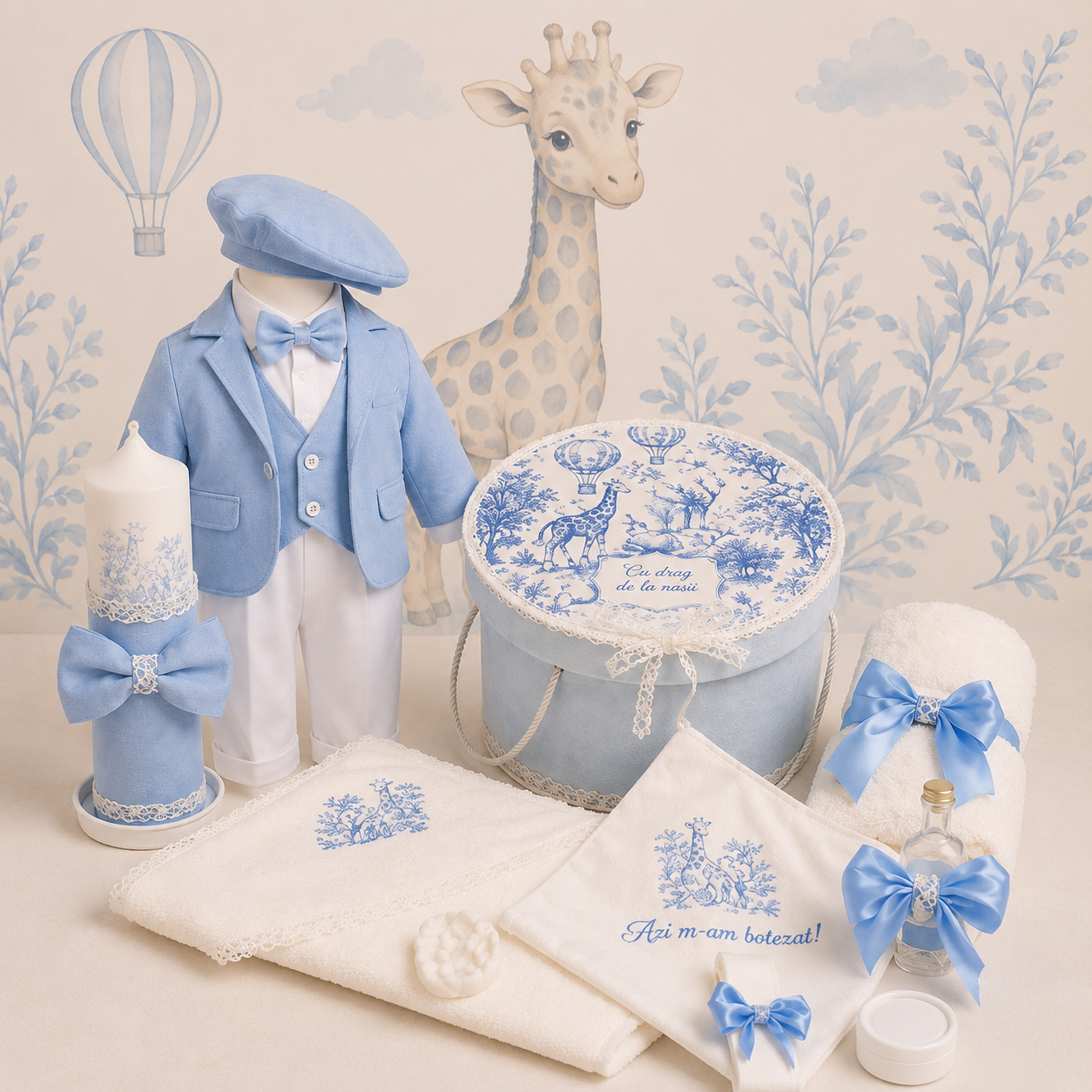 Set  de Botez Dior Jungle Baby Blue Costum, Trusou,Lumânare)