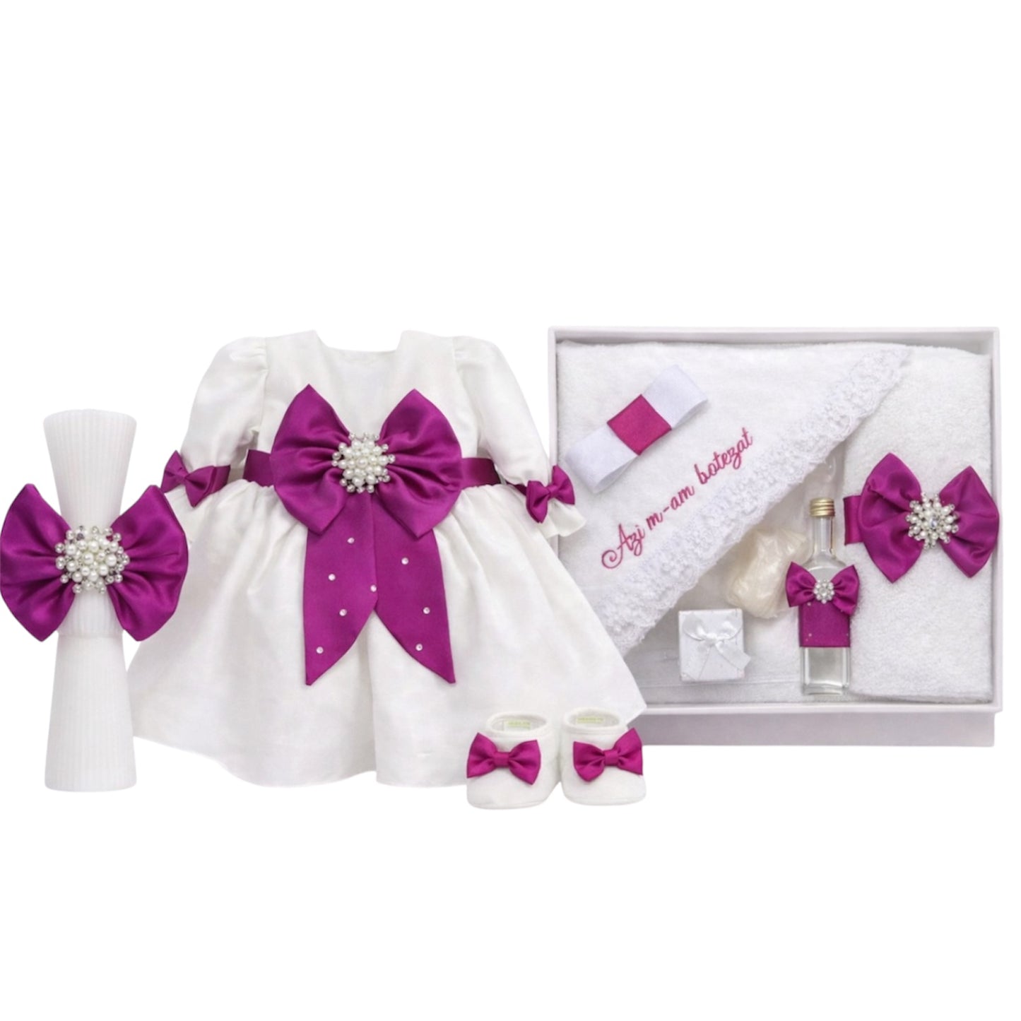 Set botez fetita cu rochie fuxia