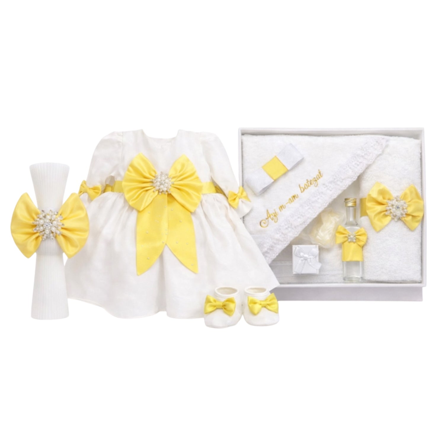 Set botez fetita cu rochie galbena