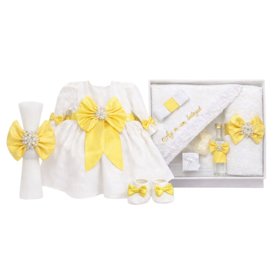 Set botez fetita cu rochie galbena