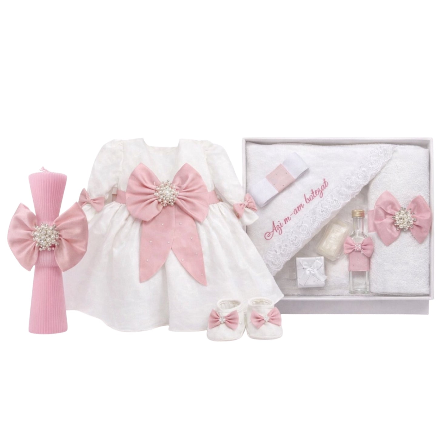 Set botez fetita cu rochie roz pudra