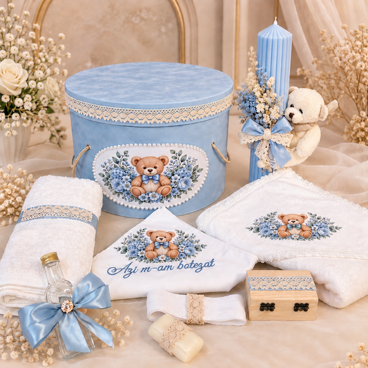 Set botez baby blue ursuleț ( trusou + lumânare+ cutie catifea )