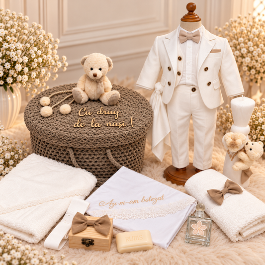 Set botez băiețel nuanțe de maro cu alb ursuleț  ( Trusou+ lumânare+ Costum)