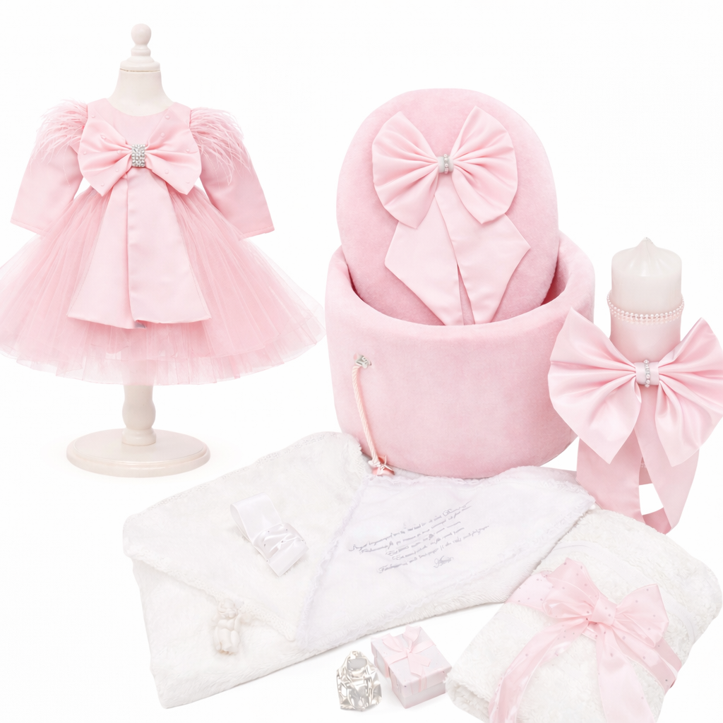 Set botez fata cu funda roz