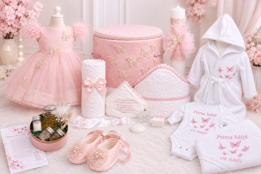 Set botez fetita roz pudra fluturași  -( Cutie+ trusou+ Lumânare+ mirodenii de a 2 zi+ set a 2a zi)