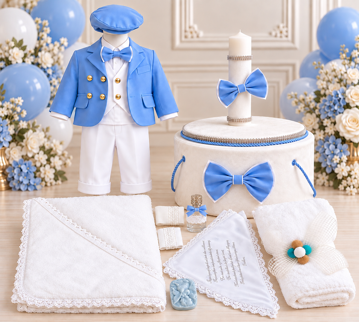 Set botez băiețel albastru ( Costum, Trusou catifea ,Lumânare)