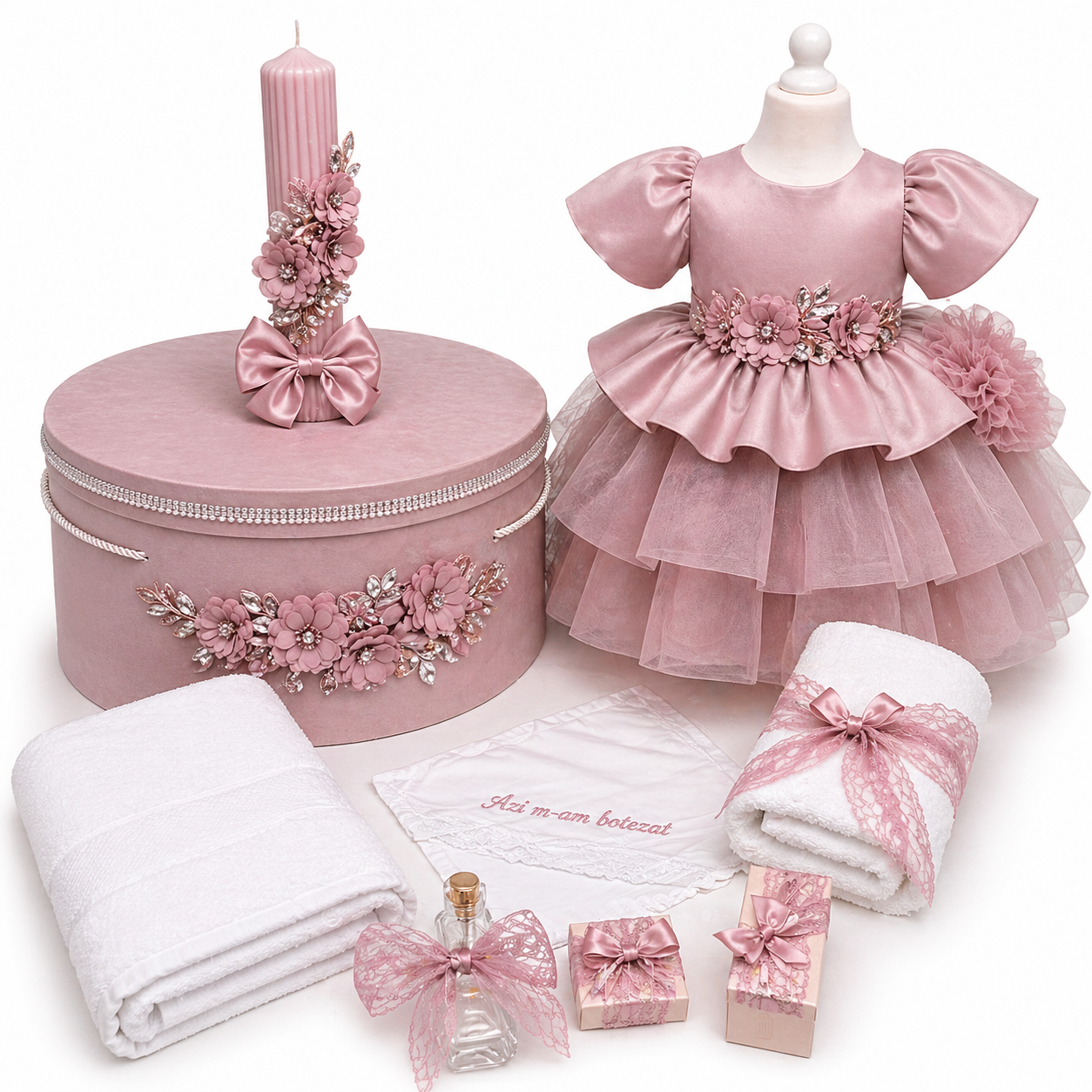 Set botez fetita roz pudra cu flori
