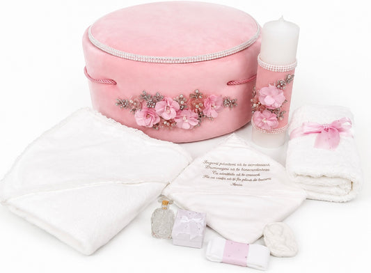 Set botez fetita flori roz cristal( Trusou + Cutie+Lumânare)