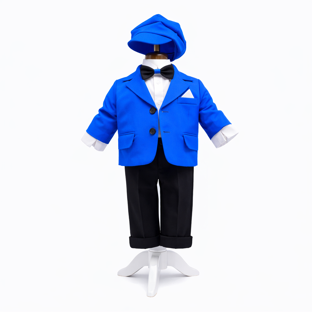 Costum albastru electric pentru Botez, 5 Piese, Sacou, Pantaloni, Camasa, Caciulita, Papion