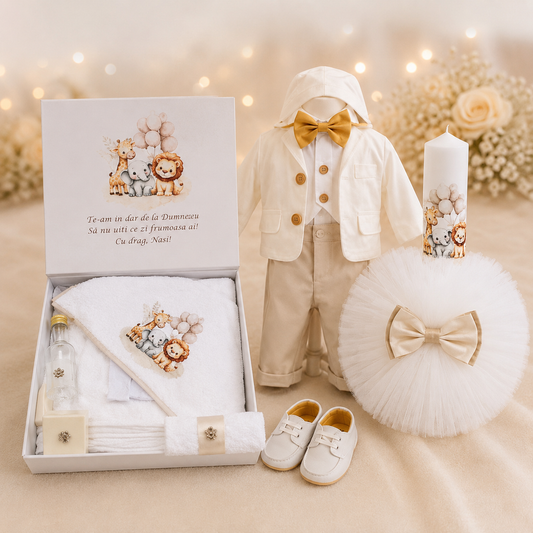 Set botez baietel Safari crem ( Trusou+ lumânare+ Costum)