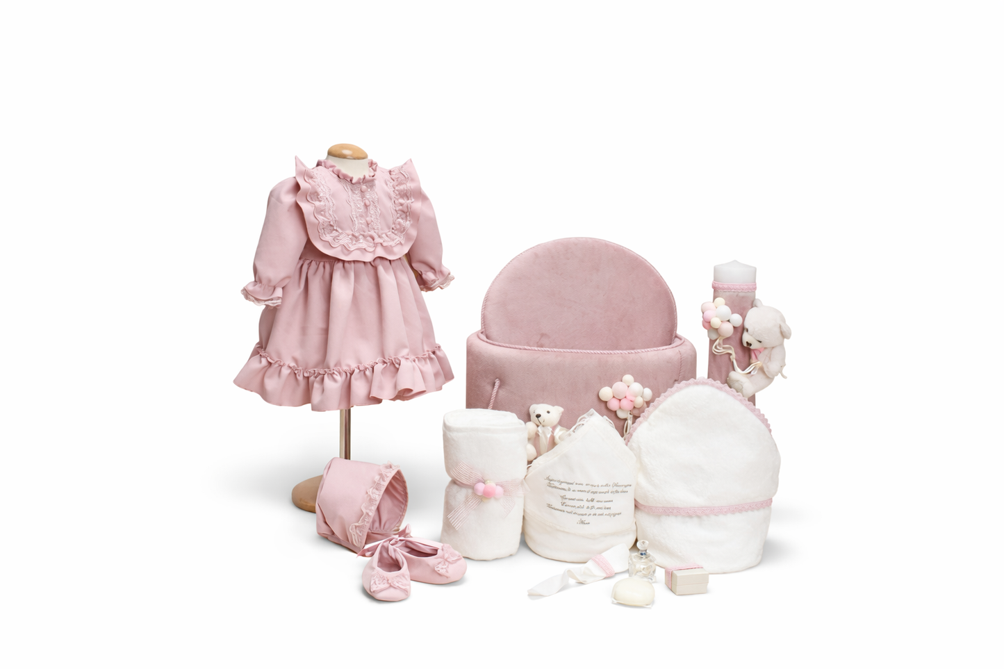 Set botez fetita roz pudra ursulet
