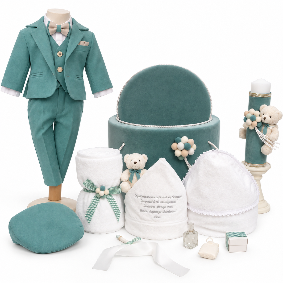 Set botez băiețel  fistic cu ursuleț -Lucky( Costum, Trusou,Lumânare)