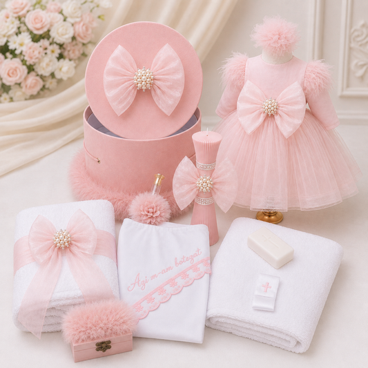 Set botez fetita roz cu funda tulle-Trusou+ lumânare+ rochita