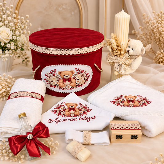 Trusou botez rosu ursuleț ( trusou + lumânare+ cutie catifea )