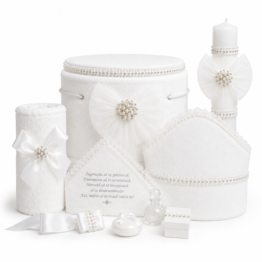 Set botez alb funda tull  -Trusou catifea