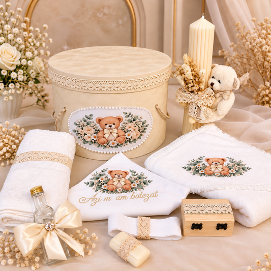 Trusou botez crem ursuleț ( trusou + lumânare+ cutie catifea )