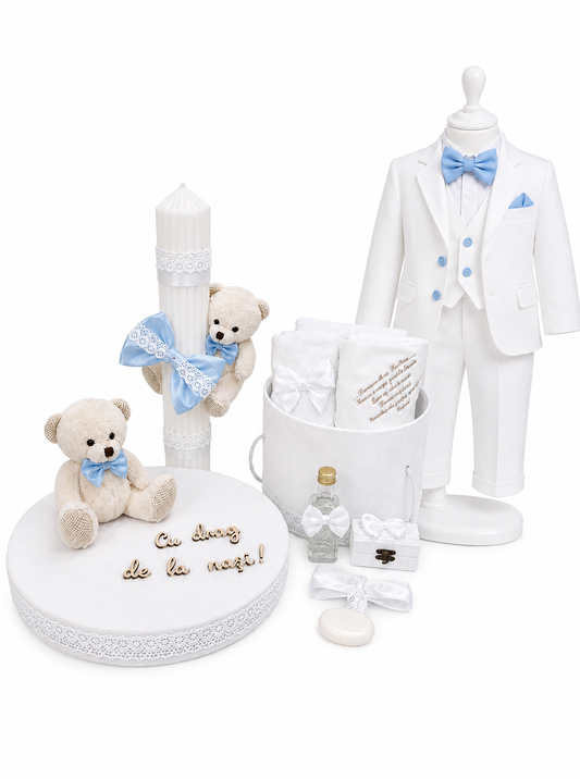 Set botez baietel ursuleț baby blue cu alb