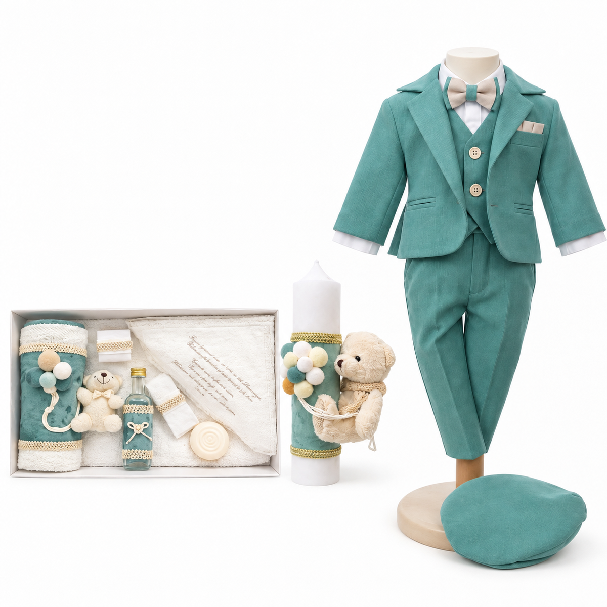 Set botez băiețel ursuleț fistic ( Trusou+ lumânare+ Costum)