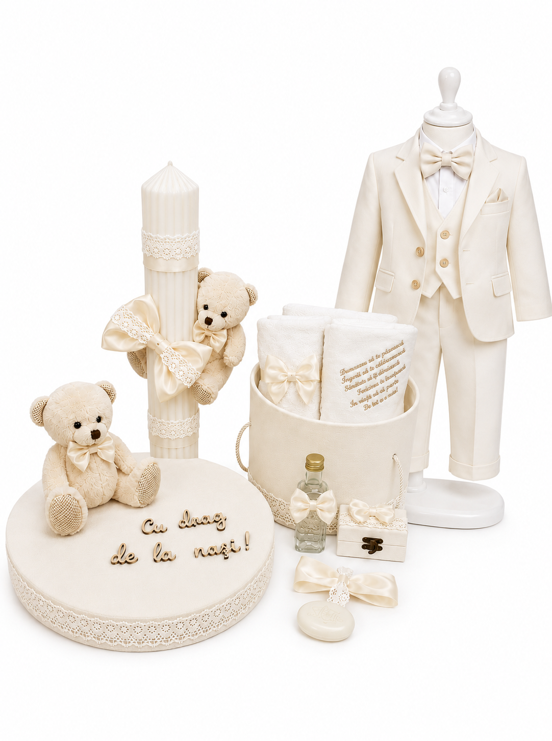 Set botez baietel ursuleț crem