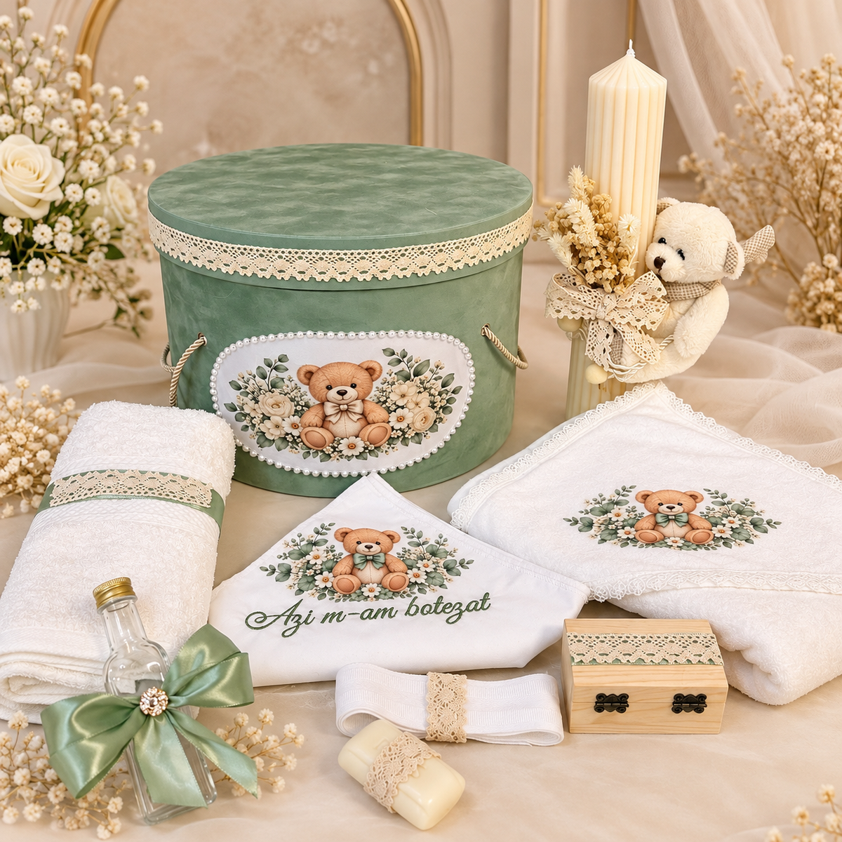 Trusou botez menta ursuleț ( trusou + lumânare+ cutie catifea )